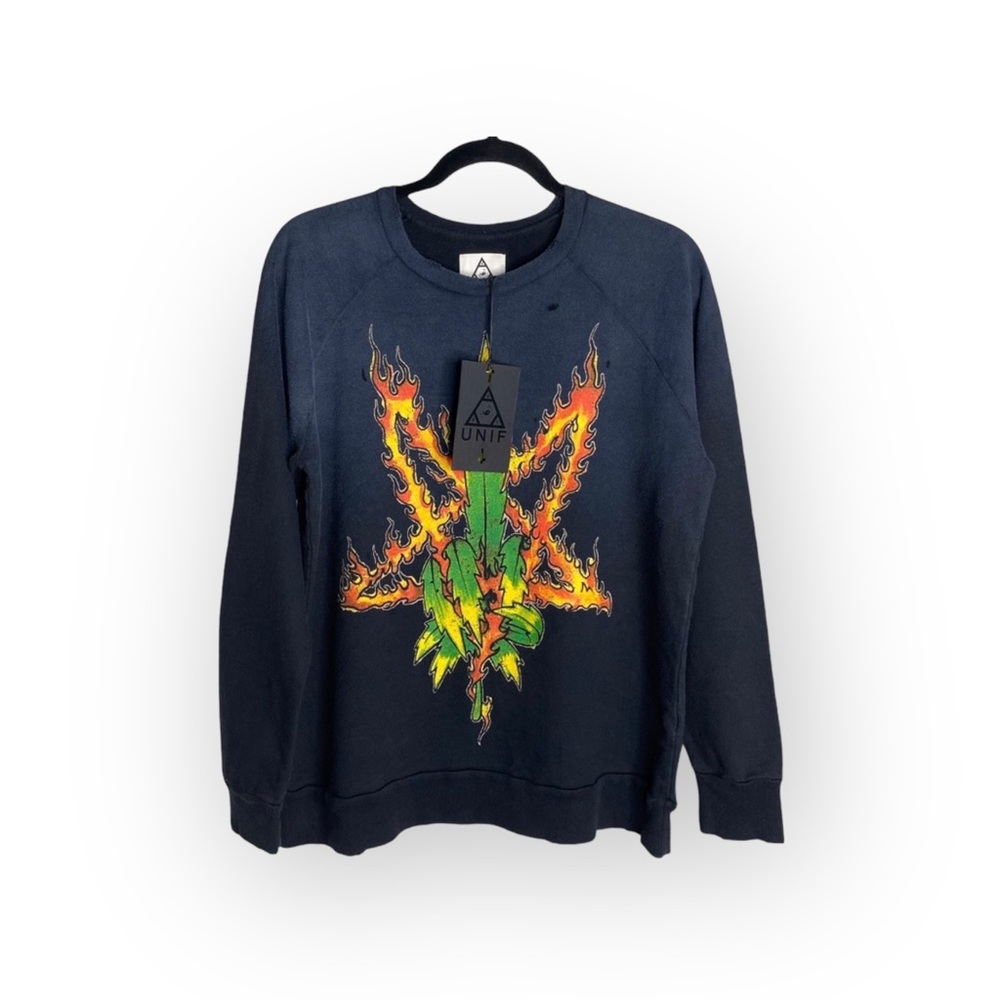 HTF: new UNIF ☻ Burn Me Weed Distressed Sweatshirt ☻ Flames ☻︎ Dirty Black ☻︎ M - Picture 7 of 17